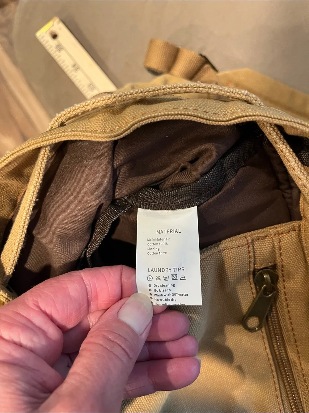 Augur Jan Khaki Canvas Drawstring Backpack with Brown Leather Accents